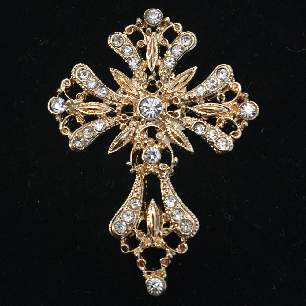 Brooch Large Cross Vintage Retro 80's Crystals Golden Ornate Women's Jewelry